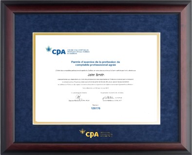 Satin mahogany CPA QC horizontal frame with blue velvet and gold double mat board.